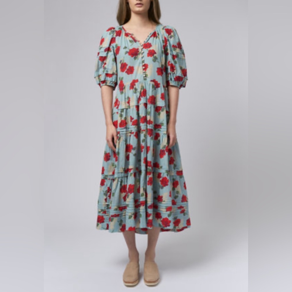 THE GREAT. Pleated ravine dress in western rose print